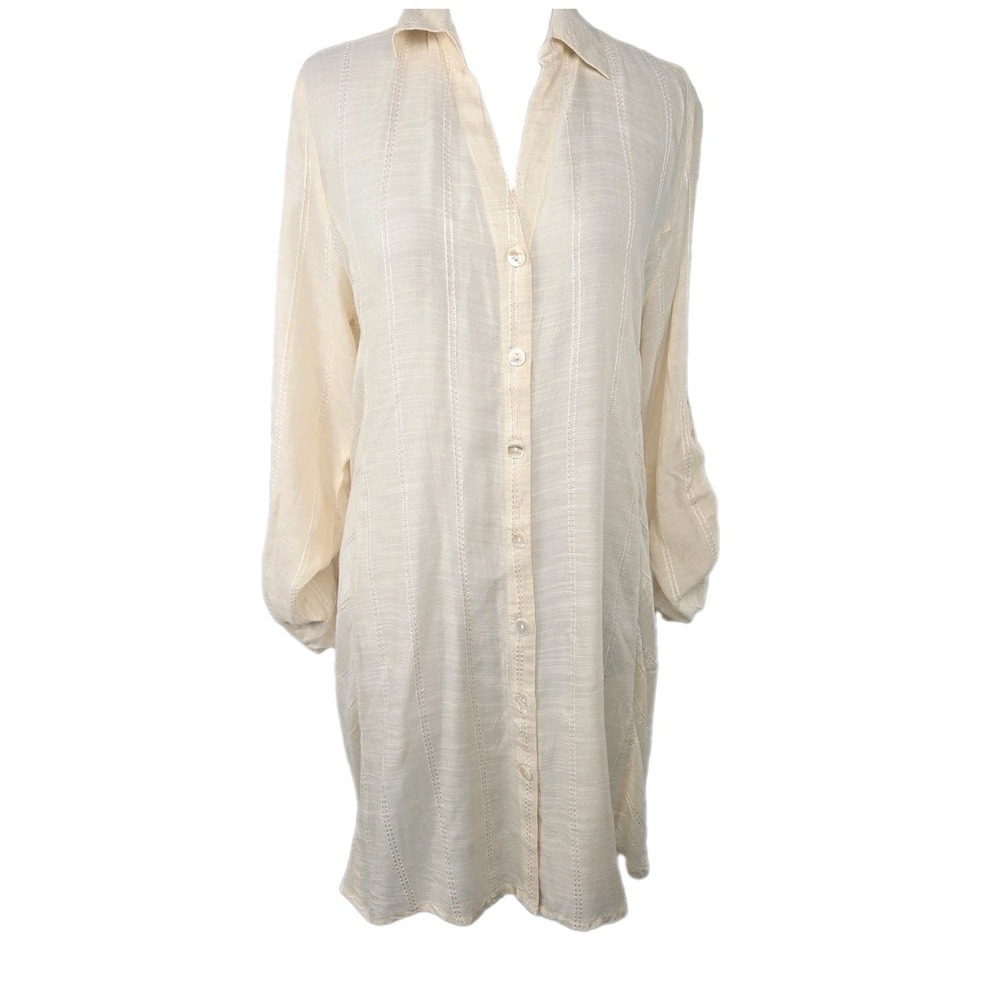 Club Z Collection Medium Swim Cover Dress Full Button Front Tab-Sleeve Cream